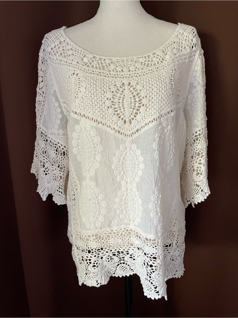 NWOT Democracy Boho cottagecore Crochet Lace Mixed Media Peasant Blouse XL